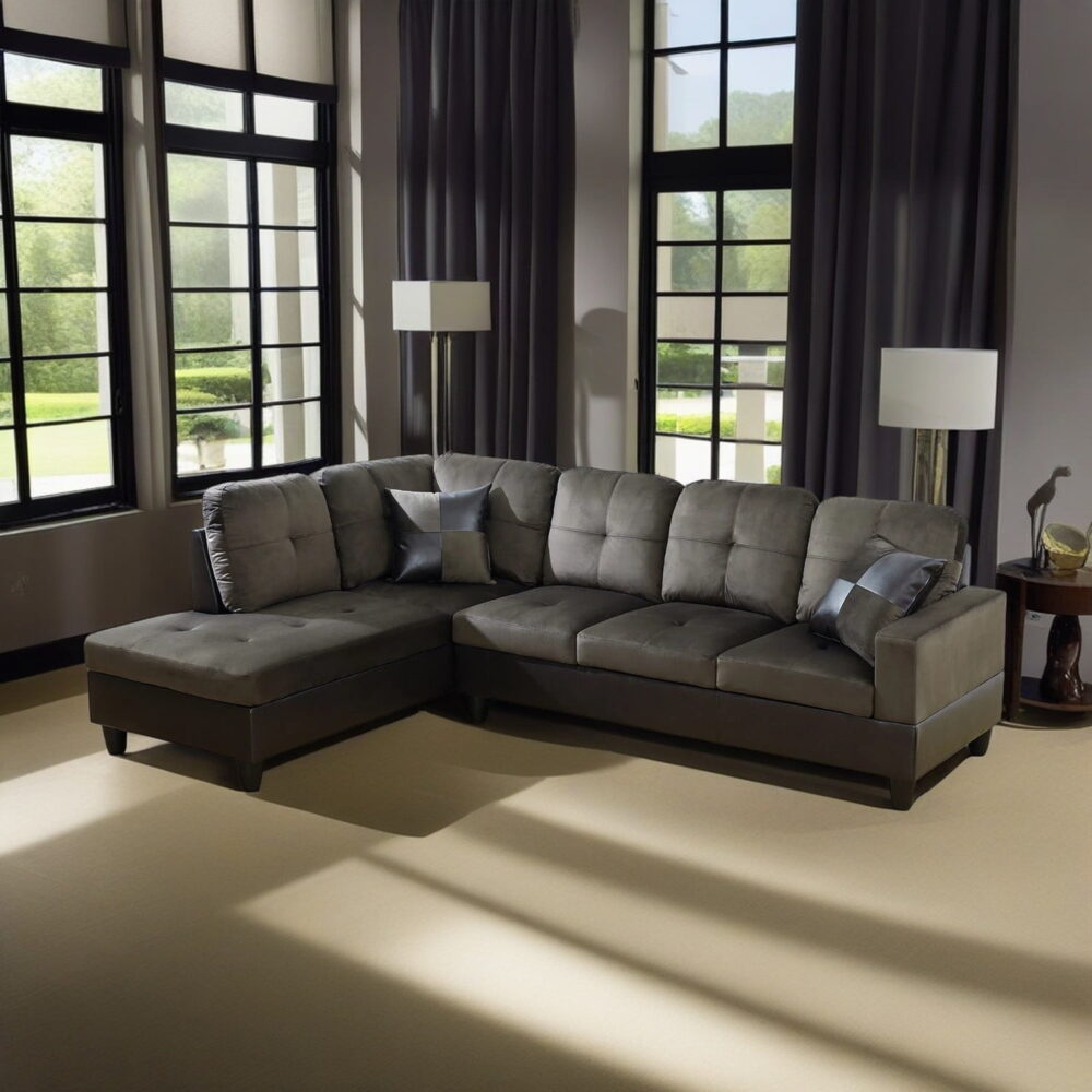 Hommoo Modern L Shaped Sectional Couch, 4 Seats Flannel and PVC Sectional Sofa Couch Set, Living Room Furniture Set, Dark Brown