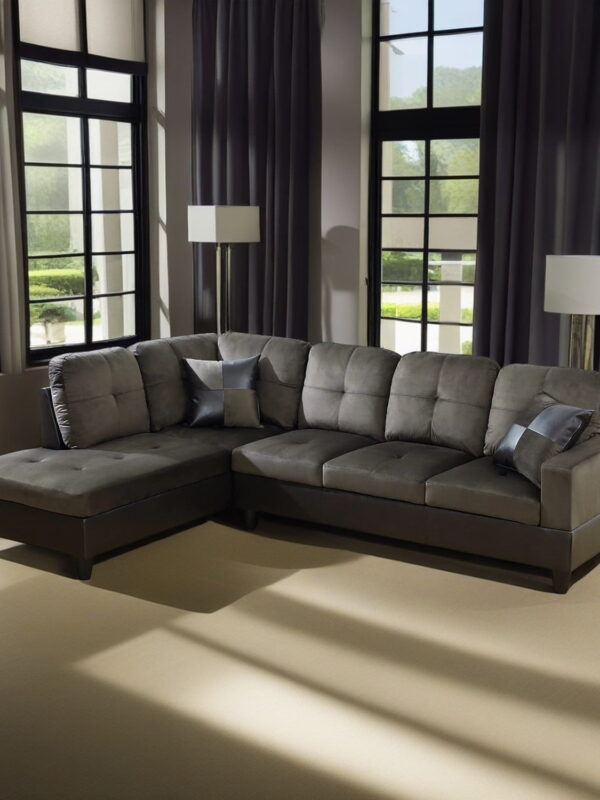 Hommoo Modern L Shaped Sectional Couch, 4 Seats Flannel and PVC Sectional Sofa Couch Set, Living Room Furniture Set, Dark Brown