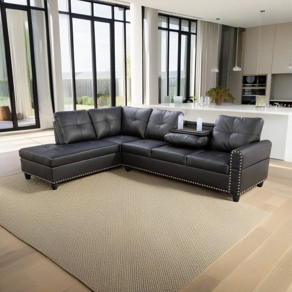 Hommoo Sofa Set, Faux Leather 2-Piece Sofa Living Room Sofa Set,L-Shaped Living Room Sofas,Black