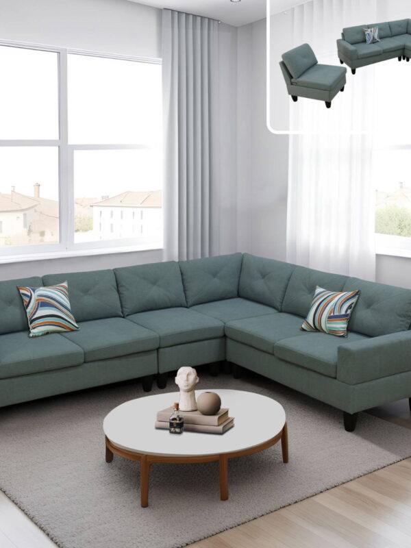 L Shaped Sofa Couch U Shaped Sectional Corner Sofa 6-Seater Furniture Modular Couches for Living room, Dendrobium Green