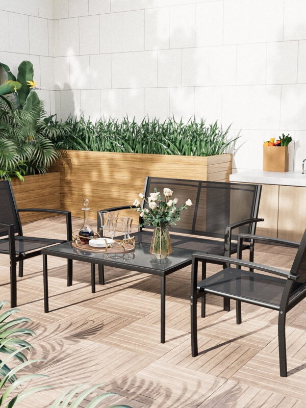 LACOO 4 Pieces Outdoor Furniture Set Patio Textilene Steel Conversation Set with Loveseat Tea Table for Lawn and Balcony, Black