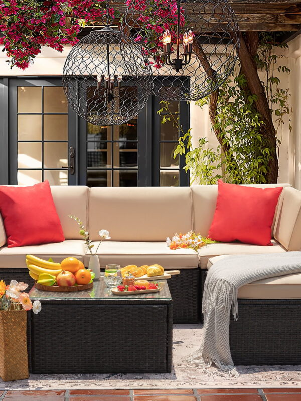 LACOO 5 Pieces Patio Sectional Set PE Rattan Outdoor All-Weather Wicker Conversation Set with Table, Beige