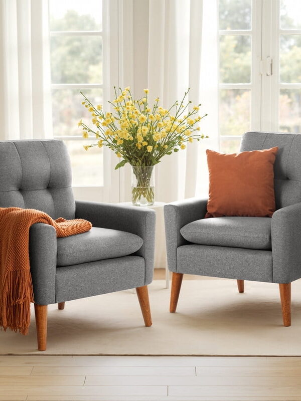 Lacoo Set of 2 Mid Century Accent Chair Modern Fabric Upholstered Armchair with Solid Wood Legs for Living Room, Gray