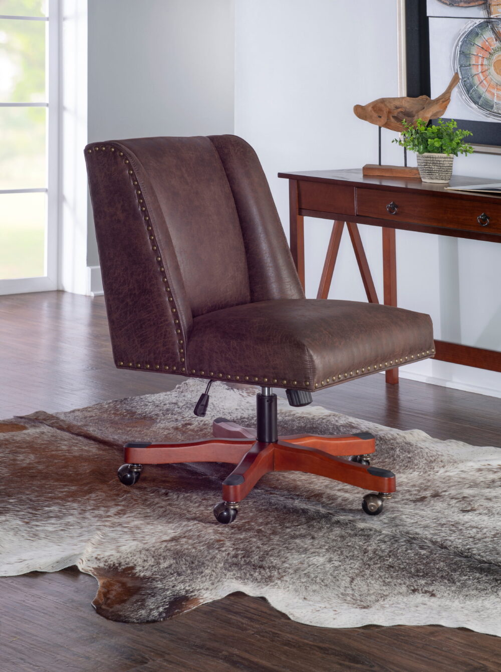 Linon Draper Faux Leather High Back Swivel Task Chair, Brown