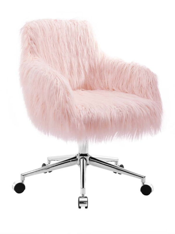 Linon Fiona Faux Fur Swivel Office Chair with Wheels in Pink