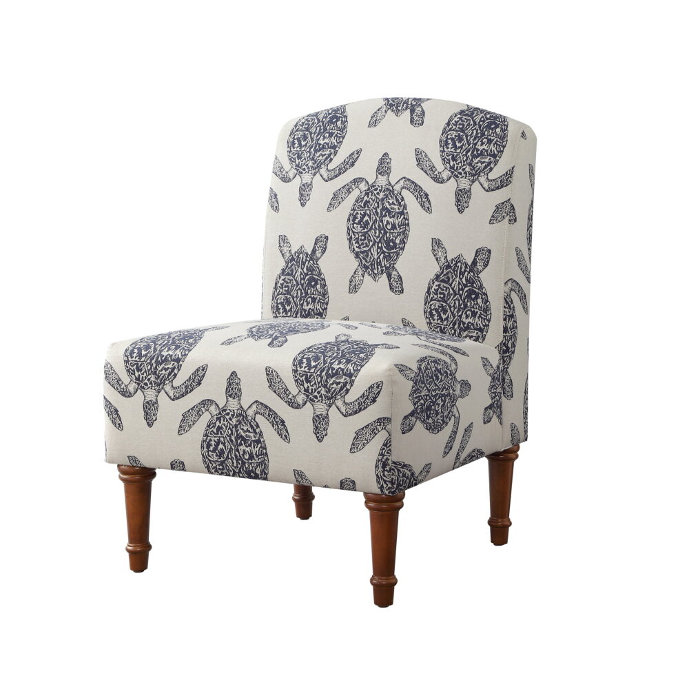 Linon Hawksbill Upholstered Turtle Print Armless Accent Chair in Blue & Cream