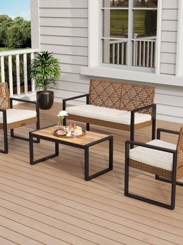 MF Studio 4-Piece All-Weather Rattan Patio Furniture Set, Outdoor Conversation Set with Wood Table, Brown and Beige