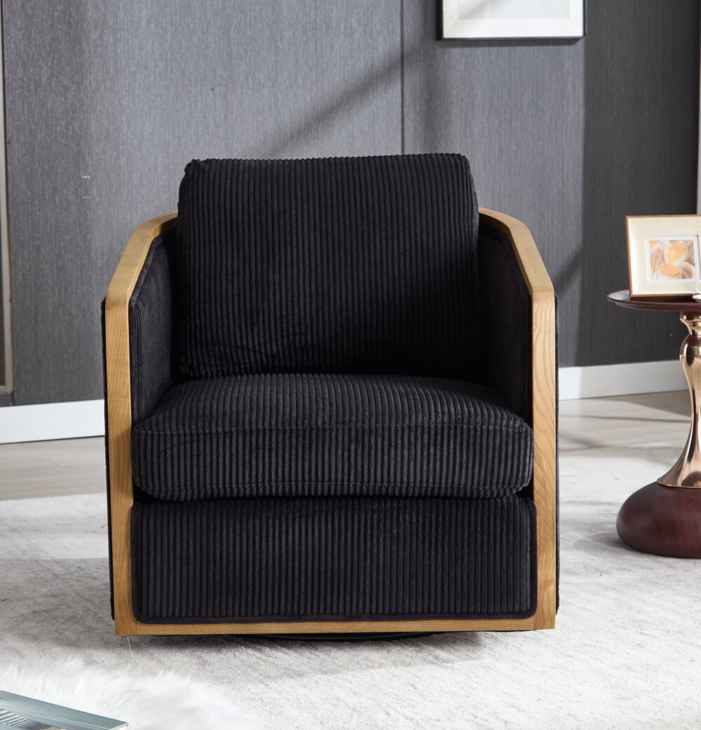 MOONMISS Corduroy Upholstered 360°Swivel Comfortable Round Barrel Chair for Living Room,Bedroom-Black