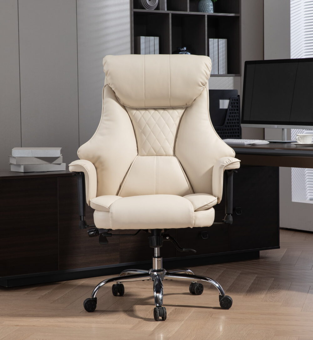 MOONMISS PU Leather Upholstered Adjustable Height 360°Swivel Lifting Handrail Home Office Desk Chair with Lumbar Support-Beige