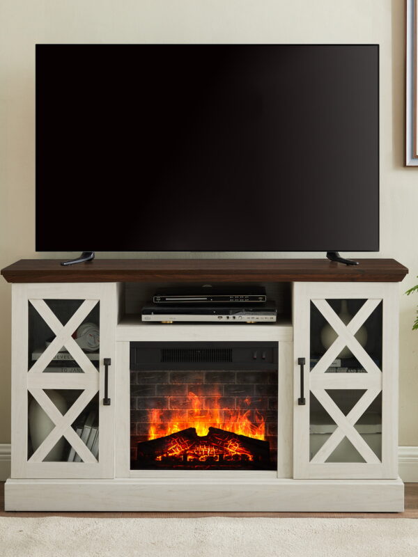 Mainstays Farmhouse Fireplace TV Stand for TVs up to 55", off White/Walnut