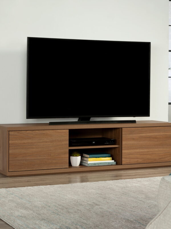 Mainstays Westley Sliding Door TV Stand for TVs up to 75”, Warm Walnut Finish