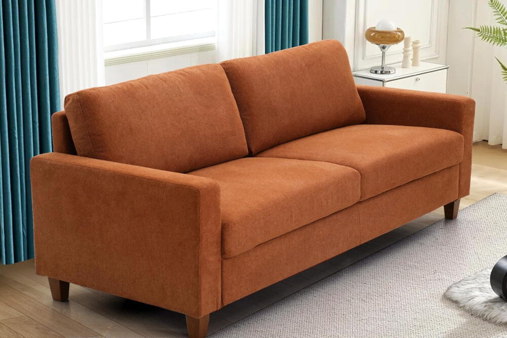 US Pride Furniture Mid Century Modern Couch for Small Spaces Living Rooms Apartments and Condos 3-Seater Sofa with Reversible Back Pillows Orange