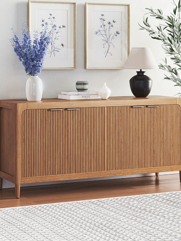 My Texas House Linden Fluted Buffet Cabinet Sideboard with Adjustable Shelves, Warm Brown