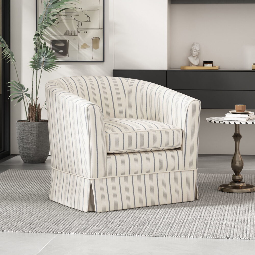 Noble House Glouster Modern Swivel Club Chair, White/Blue Stripe