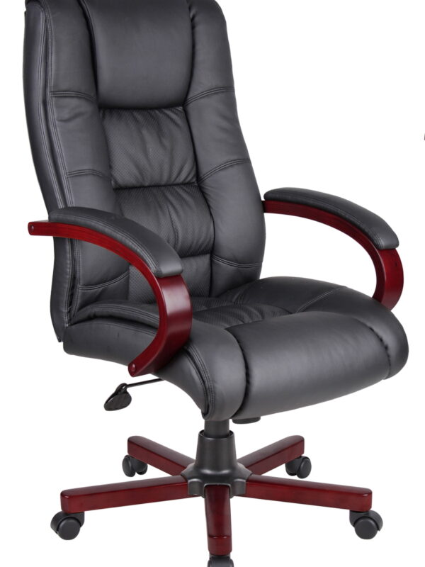 Office Products High Back Executive Wood Finished Chair with Casters, Mahogany
