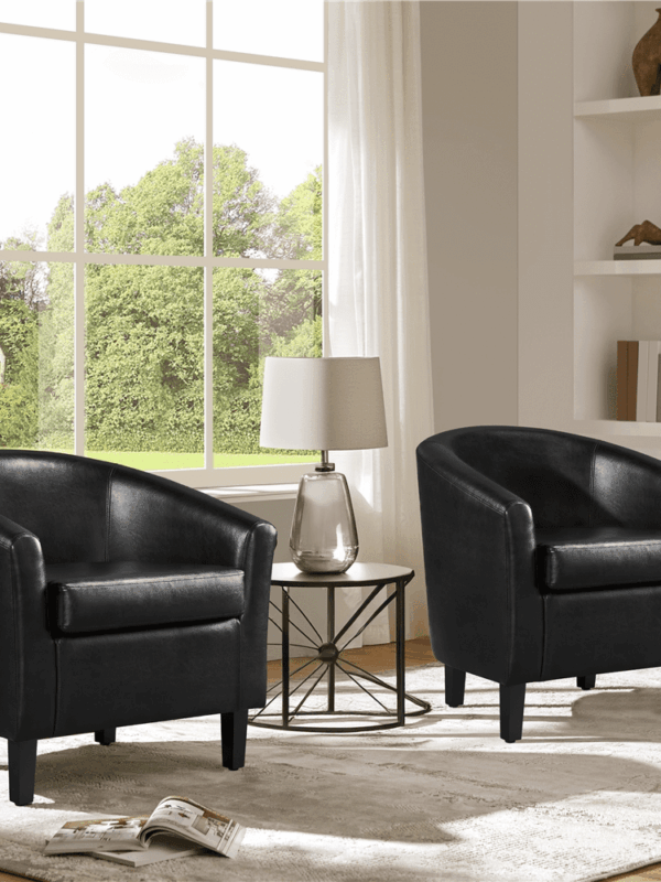 Renwick Faux Leather Barrel Accent Chair for Living Room, Set of 2, Black