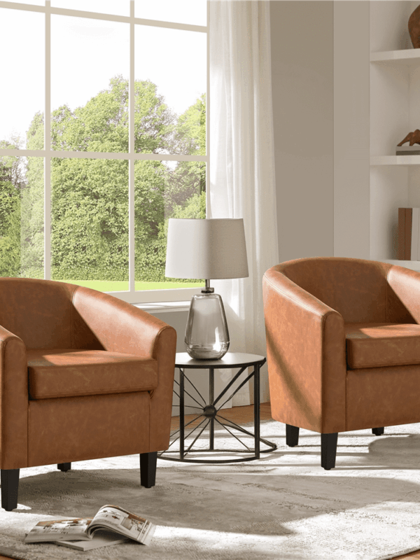 Renwick Faux Leather Barrel Accent Chair for Living Room, Set of 2, Brown