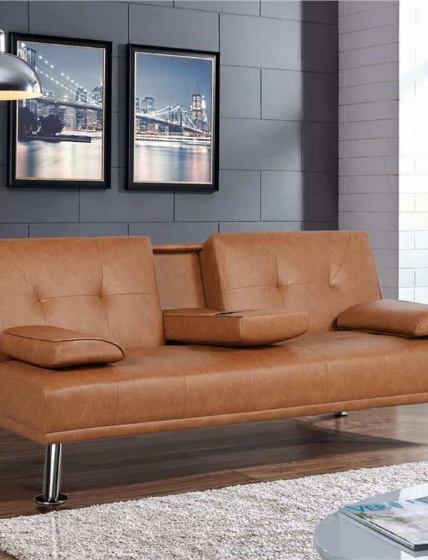 Renwick LuxuryGoods Modern Faux Leather Futon with Cupholders and Pillows, Brown