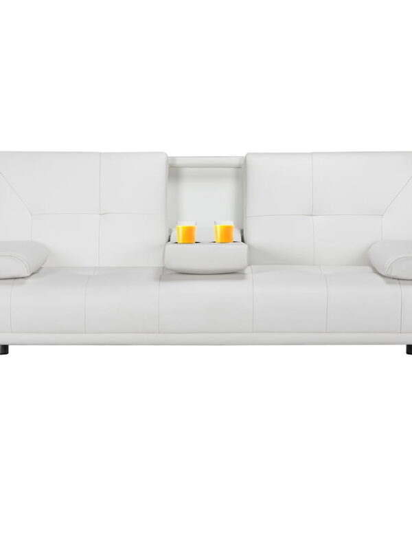 Renwick LuxuryGoods Modern Faux Leather Futon with Cupholders and Pillows, White