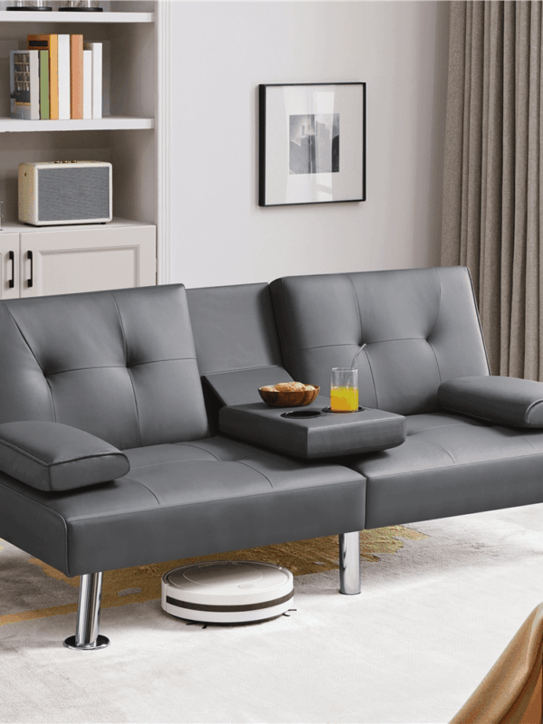 Renwick Modern Faux Leather Convertible Futon Sofa Bed with 2 Throw Pillows & Cup Holders, Gray