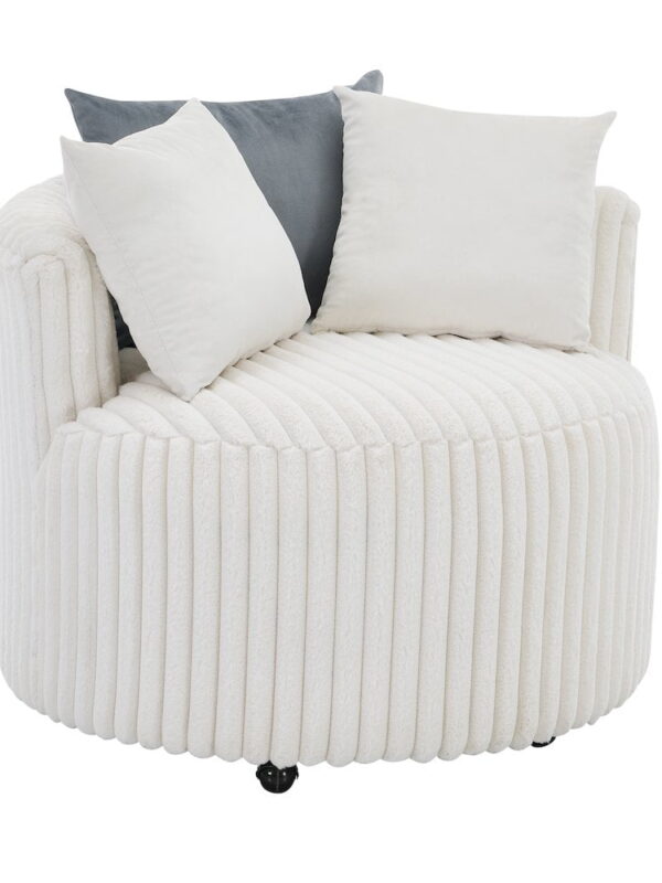 Roundhill Furniture Malna Wide Wale Corduroy Upholstered Barrel Accent Chair with Wheels, Off-white