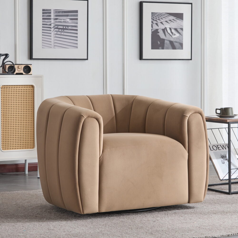 Rune Modern 360-Degree Swivel Barrel Club Chair, Velvet Upholstered Accent Chair, Camel