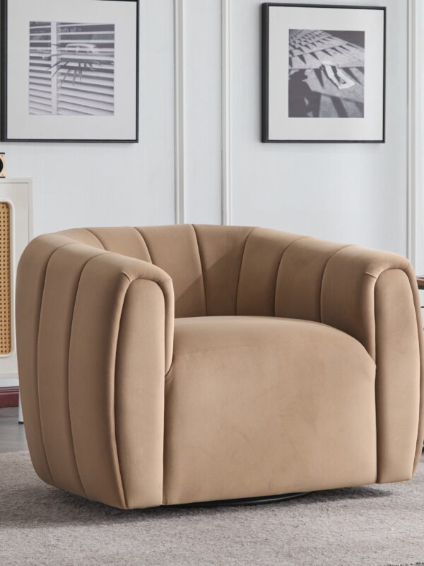 Rune Modern 360-Degree Swivel Barrel Club Chair, Velvet Upholstered Accent Chair, Camel
