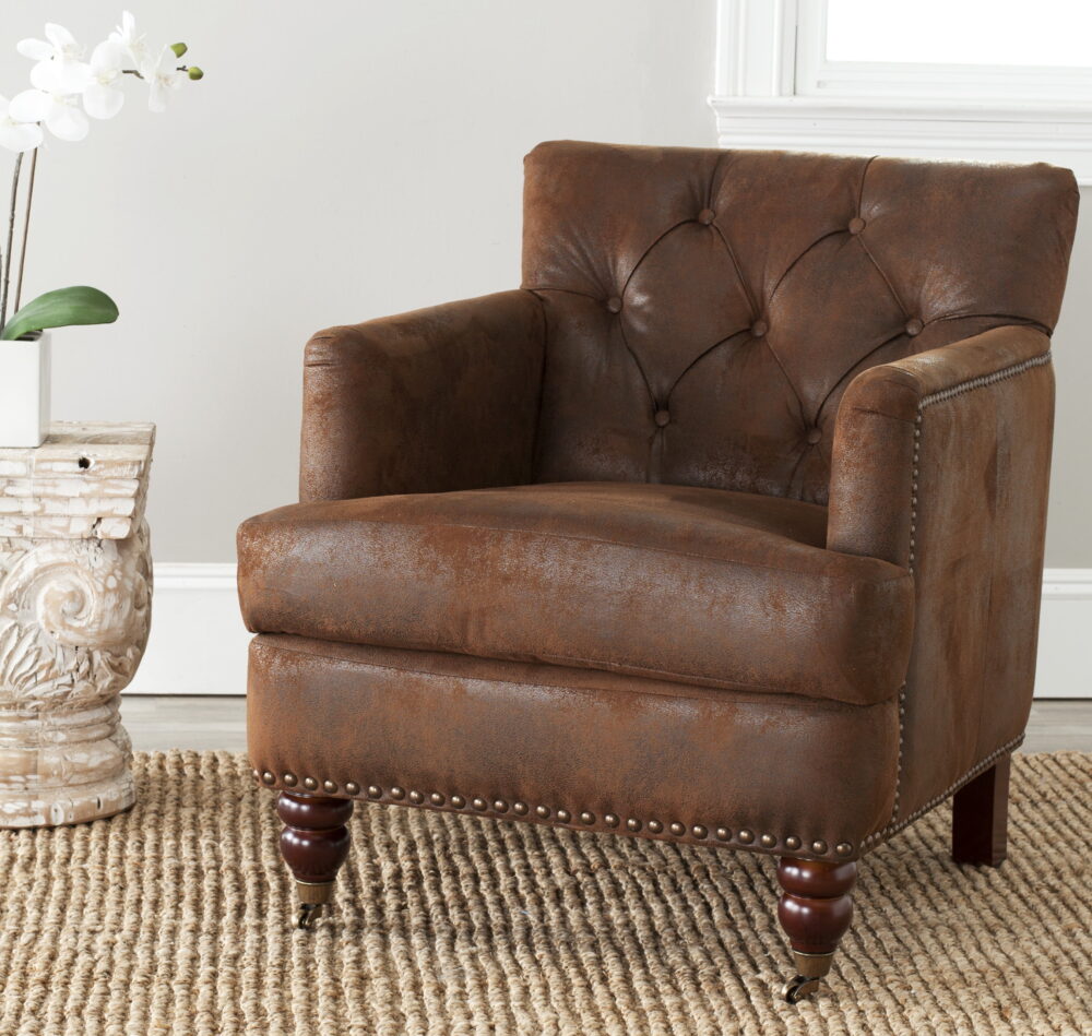 SAFAVIEH Colin Industrial Tufted Club Chair with Casters, Antique Brown