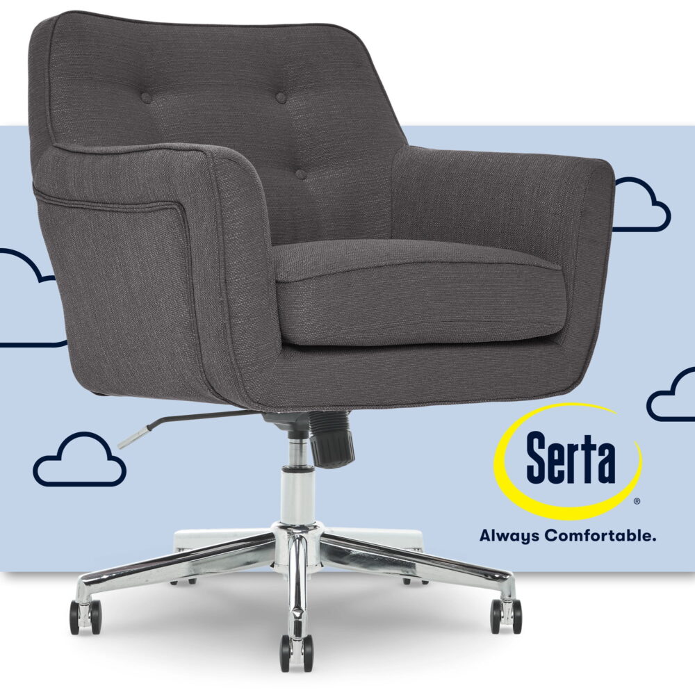 Serta Ashland Office Desk Chair, Button Tufted Mid-Back, Memory Foam Cushion, Chrome Swivel Base, Dark Gray