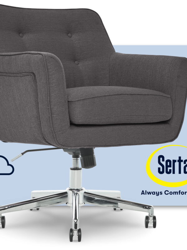Serta Ashland Office Desk Chair, Button Tufted Mid-Back, Memory Foam Cushion, Chrome Swivel Base, Dark Gray