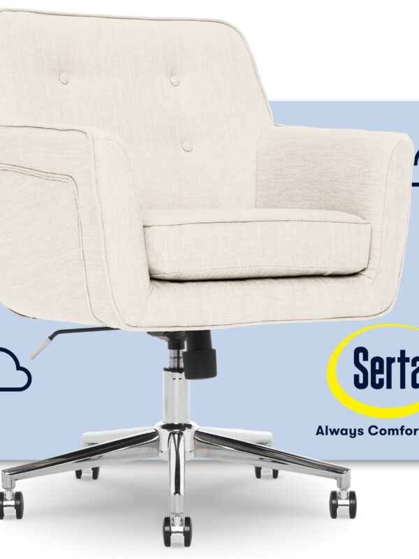 Serta Ashland Office Desk Chair, Button Tufted Mid-Back, Memory Foam Cushion, Chrome Swivel Base, Ivory