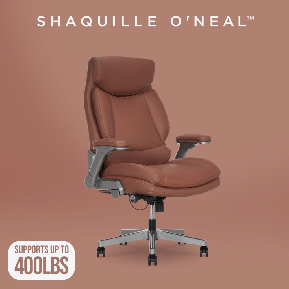 Shaq Tarvos Premium Ergonomic Big & Tall Office Chair, PureSoft Upholstery with Height Adjustable and Flip-Up Arms, Cognac Brown