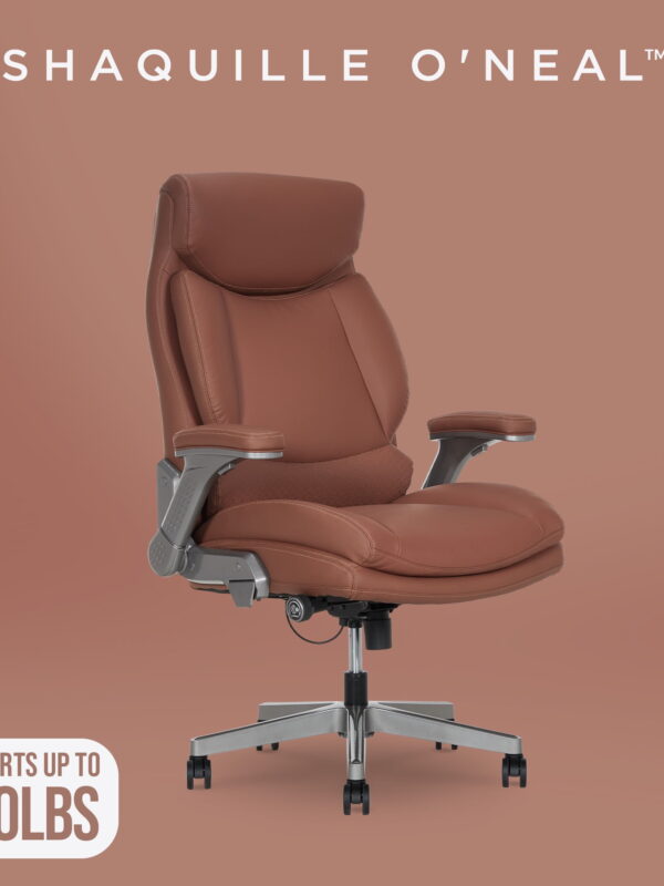 Shaq Tarvos Premium Ergonomic Big & Tall Office Chair, PureSoft Upholstery with Height Adjustable and Flip-Up Arms, Cognac Brown