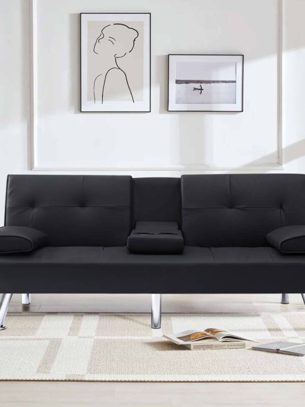 Sofa Bed with Cup Holder Convertible Futon Couches Adjustable Backrest Modern Faux Furniture Upholstery for Living Room