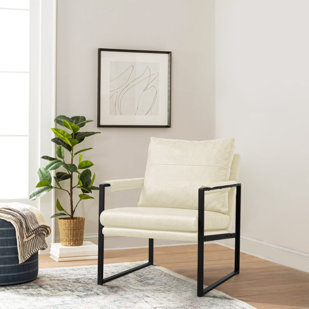 Subrtex Upholstered Modern Accent Chair with Metal Frame, Set of 2, Cream PU Leather