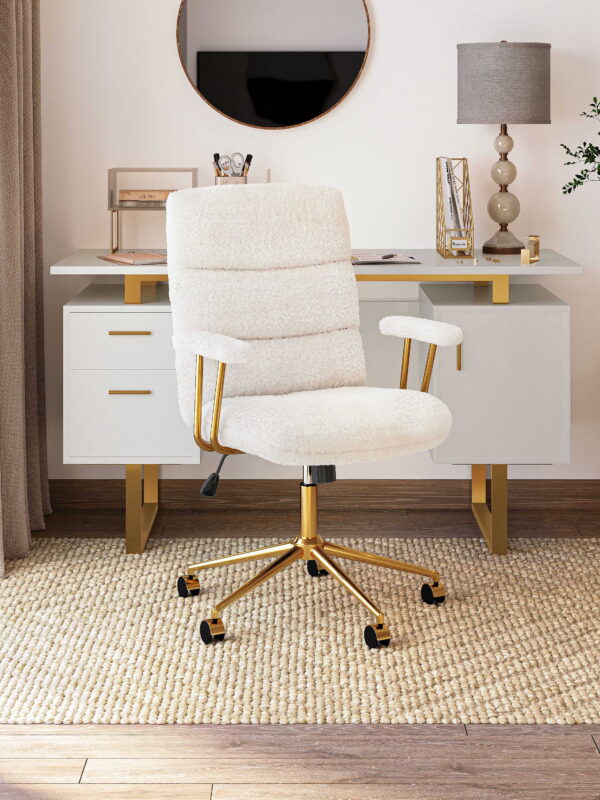 Techni Mobili Elegant Textured Boucle White and Gold Office Chair, RTA-3270C-WHT