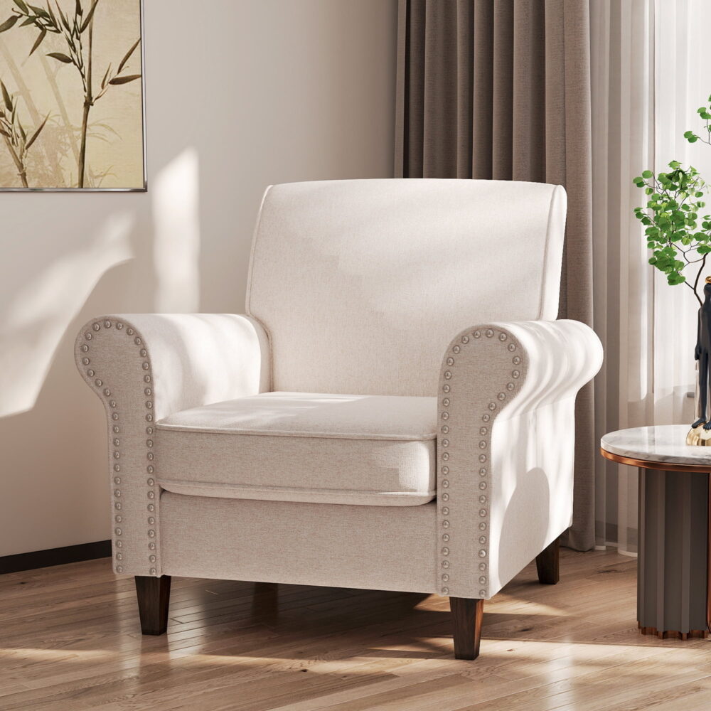 TrumanPick Linen Accent Chairs Upholstered Armchair with Nail-Head Trim Cozy Arm Chair for Living Room Bedroom,Beige