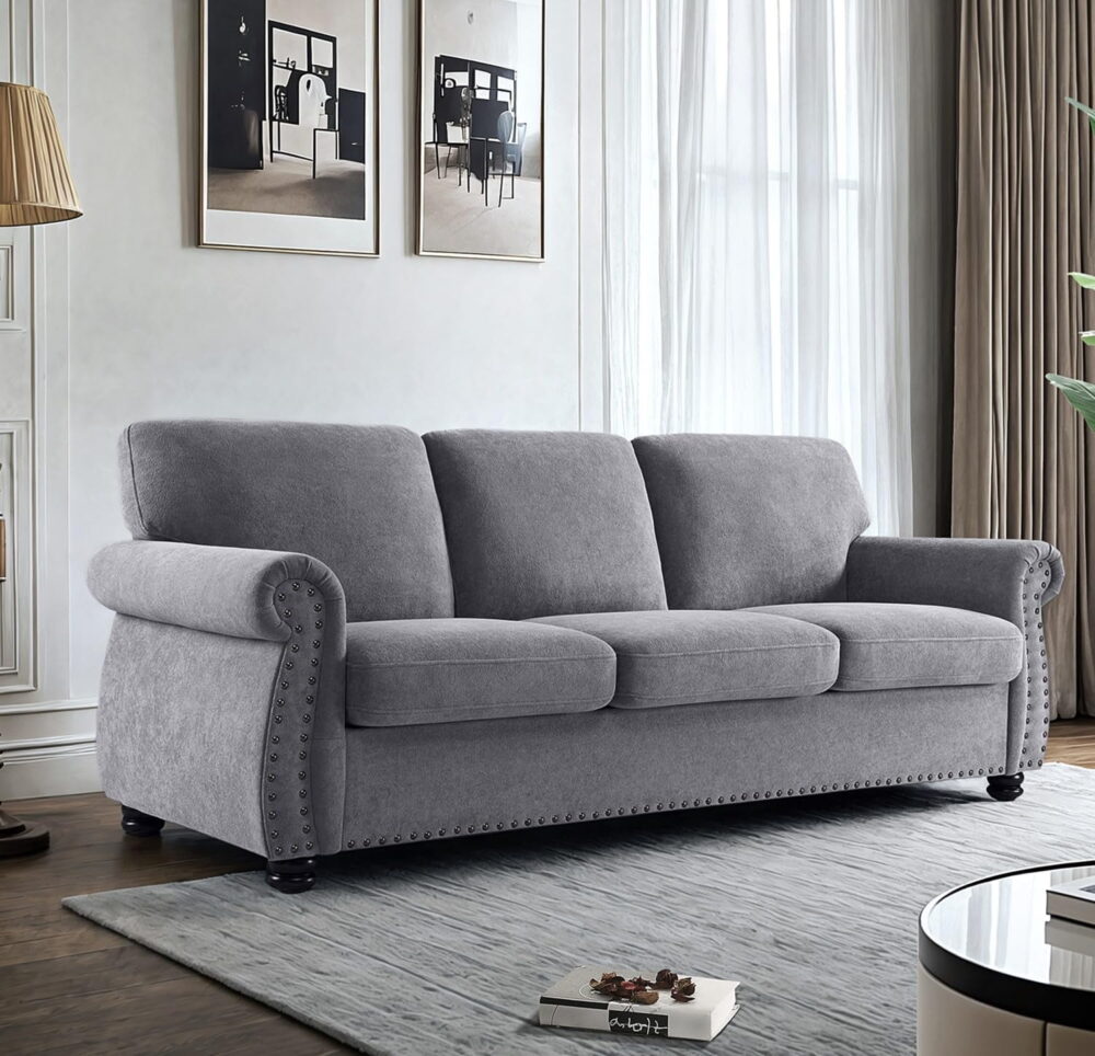 US Pride Furniture 91 in. Wide Rolled Arm Velvet Modern Rectangle Sofa in Grey For Home