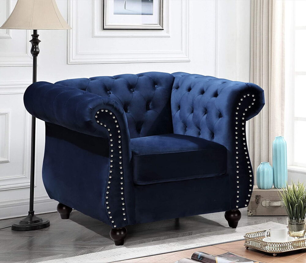 US Pride Furniture Chester 40.55 in. Wide Rolled Arm Velvet Modern Straight living Room Chair, Dark Blue