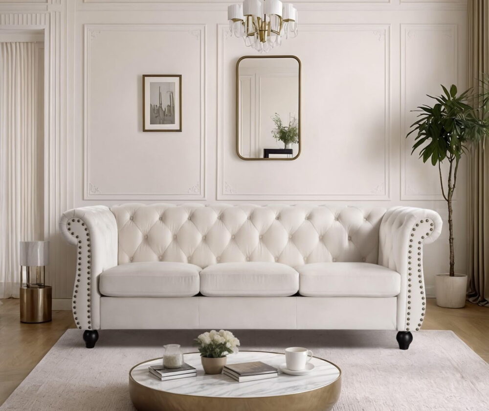 US Pride Furniture Chester 83 in. Wide Rolled Arm Velvet Modern Straight living Room Sofa, Ivory