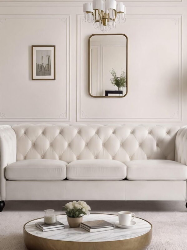 US Pride Furniture Chester 83 in. Wide Rolled Arm Velvet Modern Straight living Room Sofa, Ivory