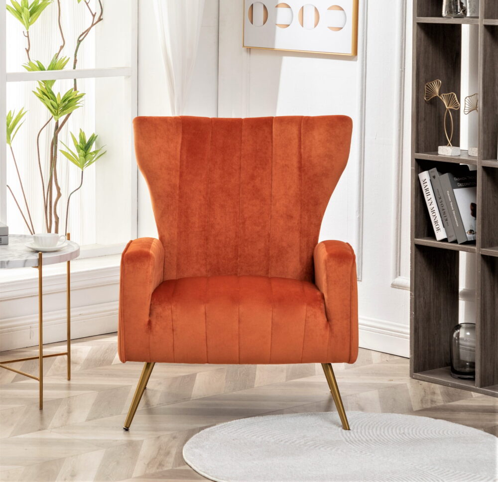 US Pride Furniture Kaleigh 27.56"W Velvet Sofa Chair with Metal Legs, Orange Red