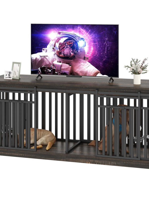Uforic 71-Inch Farmhouse TV Stand for TVs up to 65",Heavy Duty Dog Crate Furniture with 4 Dog Bowl - Black