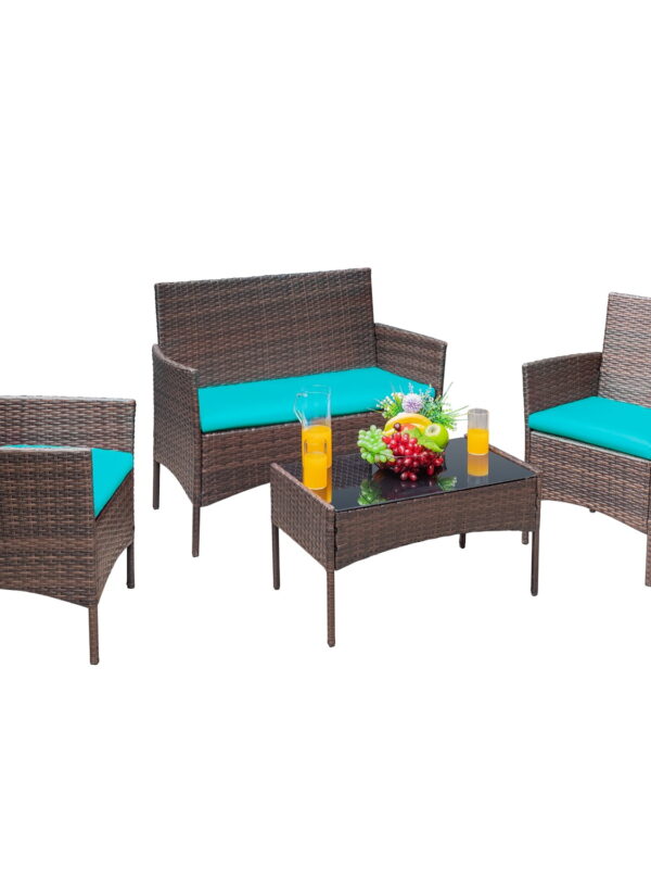 Vineego 4 Pieces Outdoor Patio Furniture Sets Conversation Sets Rattan Chair Wicker Sets with Cushioned Tempered Glass, Blue