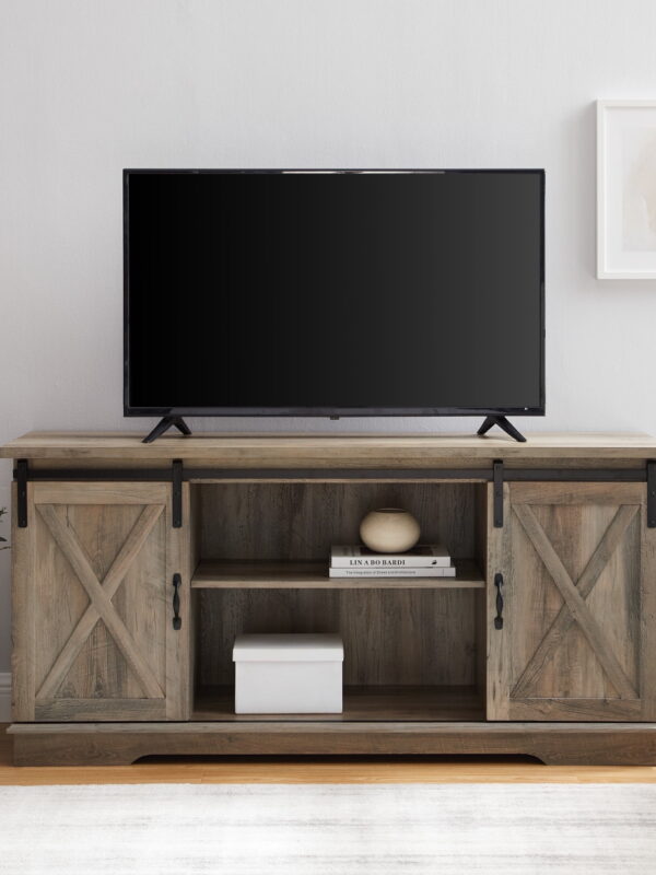 Walker Edison Sliding Farmhouse Barn Door TV Stand for TVs up to 65", Grey Wash