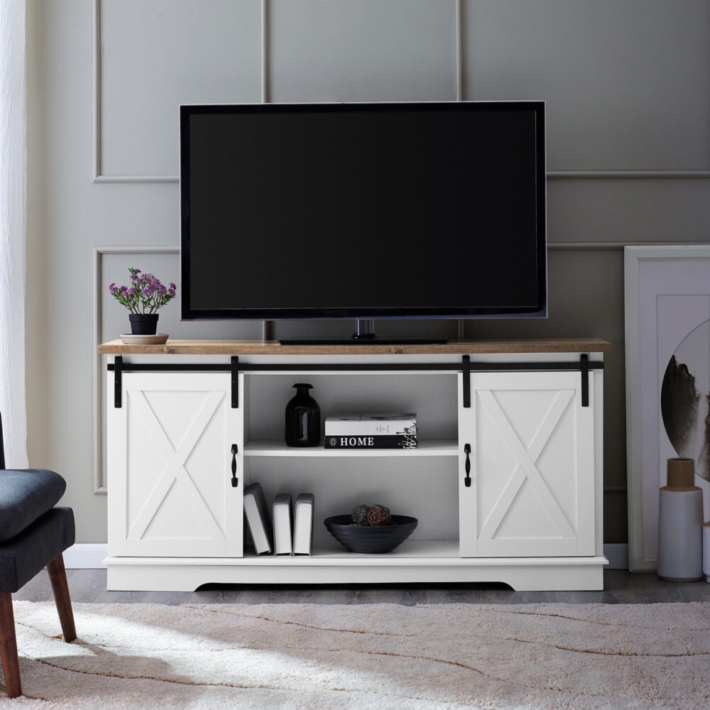 Walker Edison Farmhouse Sliding Barn Door TV Stand for TVs up to 65", White/Reclaimed Barnwood