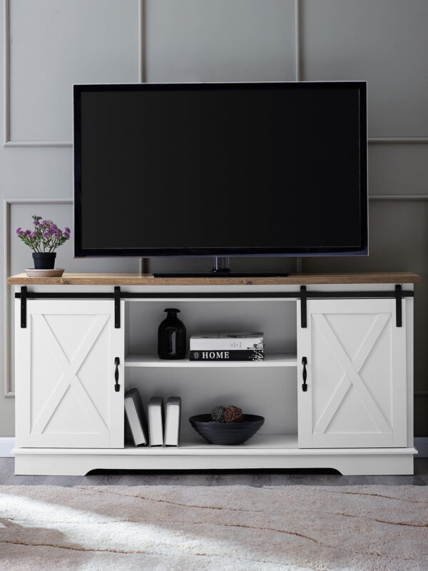 Walker Edison Farmhouse Sliding Barn Door TV Stand for TVs up to 65", White/Reclaimed Barnwood