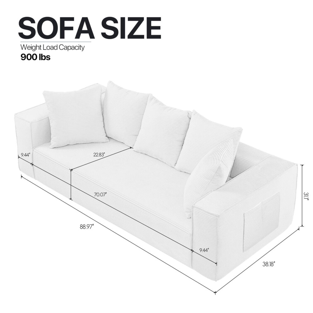 FocalSweet 89" Living Room Sleep Sofa, Deep Seat Corduroy Couch with Side Pocket,No Assembly Required, 3 Seater, White - Image 3