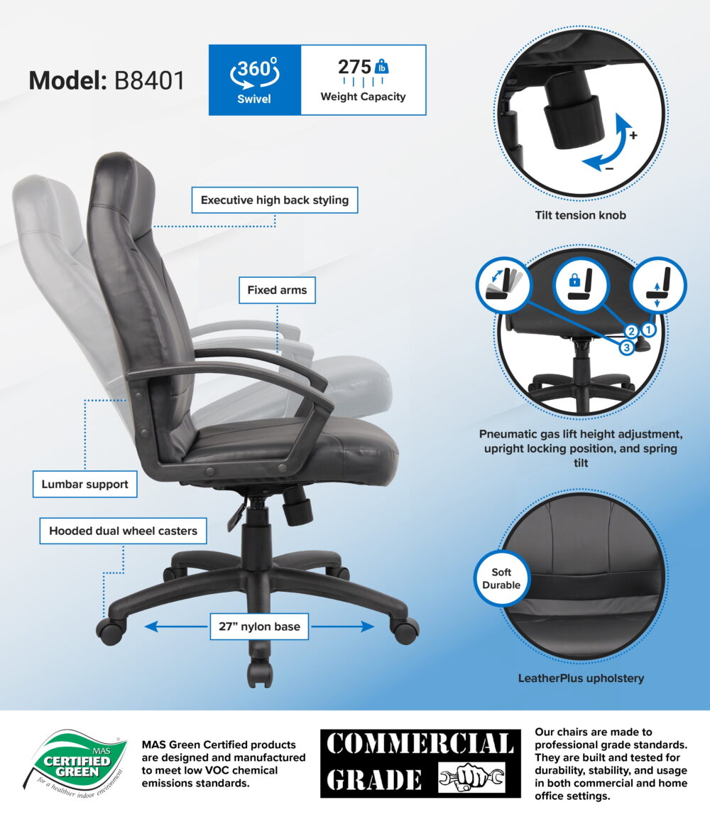 Boss Office Products LeatherPlus High Back Executive Chair with Casters, Black - Image 3