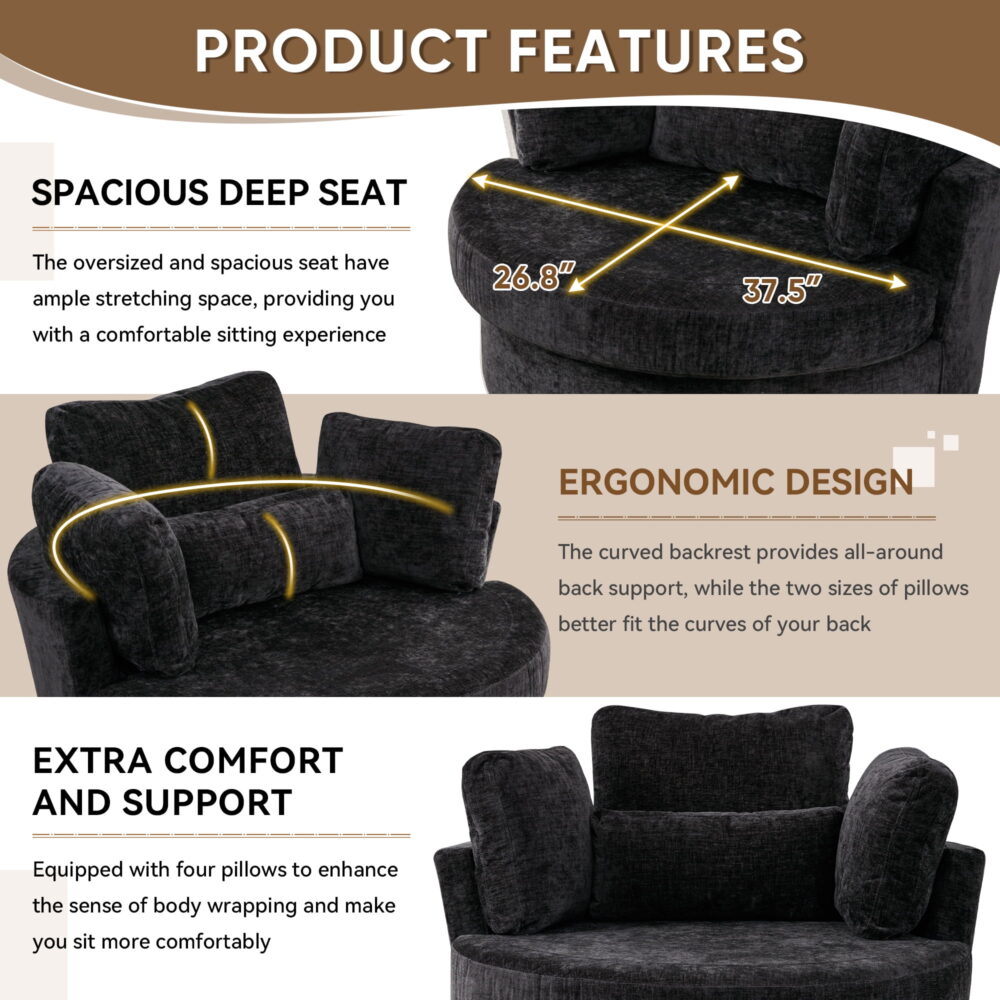 Dinosisco Oversized Swivel Accent Barrel Chair with Storage Ottoman, Chenille, Indoor, Black - Image 5